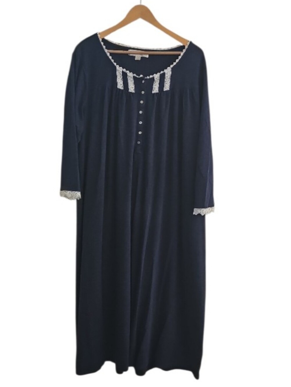 Eileen West Cotton Blend Nightgown Women’s XL Navy Lace Trim Button Front Sleep